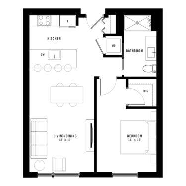 Rendering of the 1B 07 floor plan with 1 bedroom[s] and 1 bathroom[s] at Nevele22
