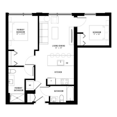 Rendering of the 2B 02 floor plan with 2 bedroom[s] and 2 bathroom[s] at Nevele22